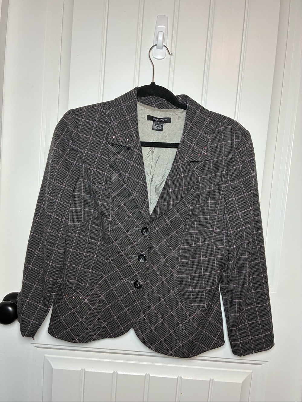 Karen Kane Black Blazer with Pink Windowpane Plaid